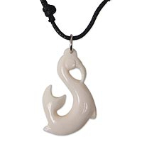 Bone pendant necklace, 'Handsome Walrus' - Hand Crafted Bone Pendant and Cotton Necklace