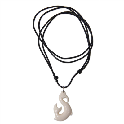 Bone pendant necklace, 'Handsome Walrus' - Hand Crafted Bone Pendant and Cotton Necklace