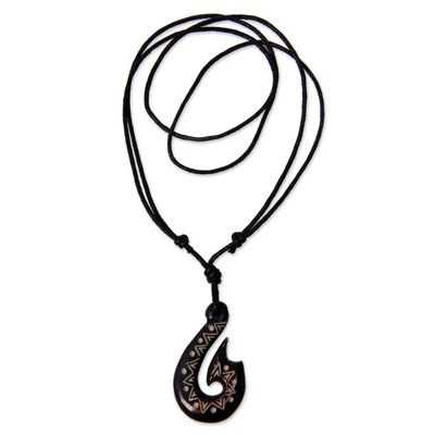 Bone pendant necklace, 'Lightning Serpent' - Indonesian Hand Carved Bone and Cotton Cord Necklace