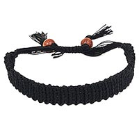 Macrame wristband bracelet, 'Braided Black' - Black Macrame Wristband Bracelet from Indonesia