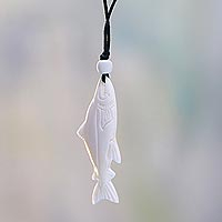 Bone pendant necklace, 'White Tuna' - Fish Pendant Hand Carved Bone on Cotton Necklace