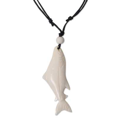 Fish Pendant Hand Carved Bone on Cotton Necklace
