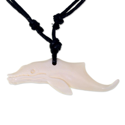 Carved Whale Cow Bone Pendant on Black Cotton Necklace