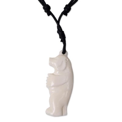 Hand Carved Bone Bear Pendant on Cotton Necklace