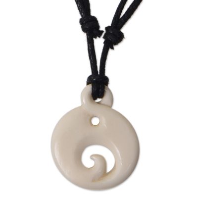 Hand Carved Bone Pendant on Cotton Necklace from Bali