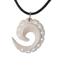 Bone pendant necklace, 'Junior Nautilus' - Bone Hand Carved Fossil-style Pendant on Cotton Necklace