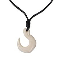 Bone pendant necklace, 'Fish Hook' - Artisan Crafted Hook Bone Pendant on Cotton Necklace