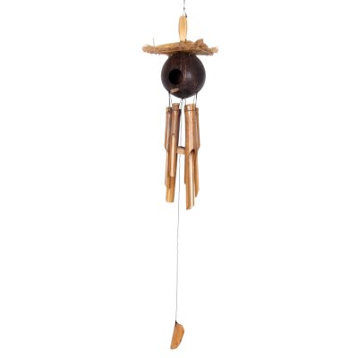 Bamboo and coconut shell wind chimes, 'Padang Jungle Home' - Bamboo Wind Chimes Adorned with a Coconut Shell Hut