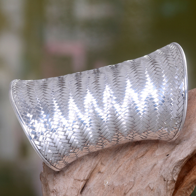 Sterling silver cuff bracelet, 'Wide Tropical Lattice' - Wide Handwoven Sterling Silver Cuff Bracelet