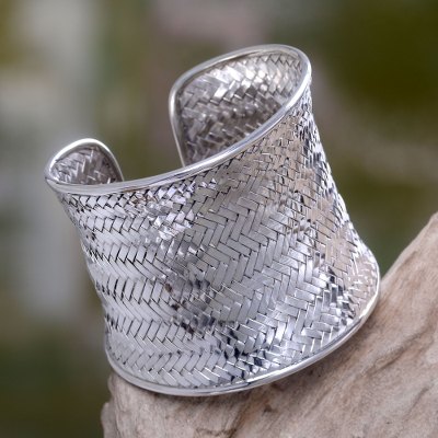 Sterling silver cuff bracelet, 'Tropical Lattice' - Bali Cuff Bracelet Hand Woven of Sterling Silver