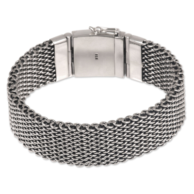 Men's sterling silver wristband bracelet, 'Armor Warrior' - Men's Chain Mail Wristband Bracelet in Sterling Silver