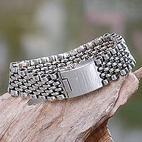 Men's sterling silver wristband bracelet, 'New Age Warrior' - Men's Jewelry Sterling Silver Wristband Bracelet from Bali
