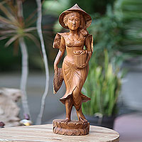 Wood sculpture, 'Balinese Lady Farmer' - Detailed Wood Sculpture of Woman Farmer in Bali