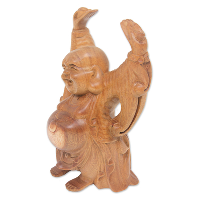 Wood statuette, 'Relaxed Happy Buddha' - Artisan Crafted Wood Sculpture of Happy Buddha from Bali