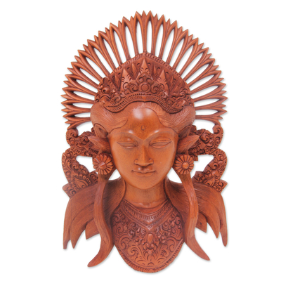 Wood sculpture, 'Balinese Muse' - Hand Carved Wood Sculpture Mask of Woman with Crown