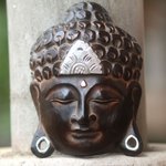 Wood wall sculpture, 'Silver Buddha Serenity' - Hand Crafted Wall Sculpture Buddhism Art from Bali