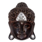 Wood wall sculpture, 'Silver Buddha Serenity' - Hand Crafted Wall Sculpture Buddhism Art from Bali