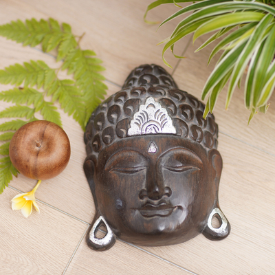 Wood wall sculpture, 'Silver Buddha Serenity' - Hand Crafted Wall Sculpture Buddhism Art from Bali