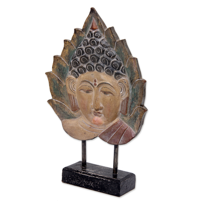 Holzskulptur - Handgeschnitzte Buddha-Skulptur aus Pipal-Blattholz mit Ständer