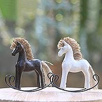 Wood statuettes, 'Jaran Goyang III' (pair) - Hand Carved Wood Rocking Horse Statuettes (Pair)