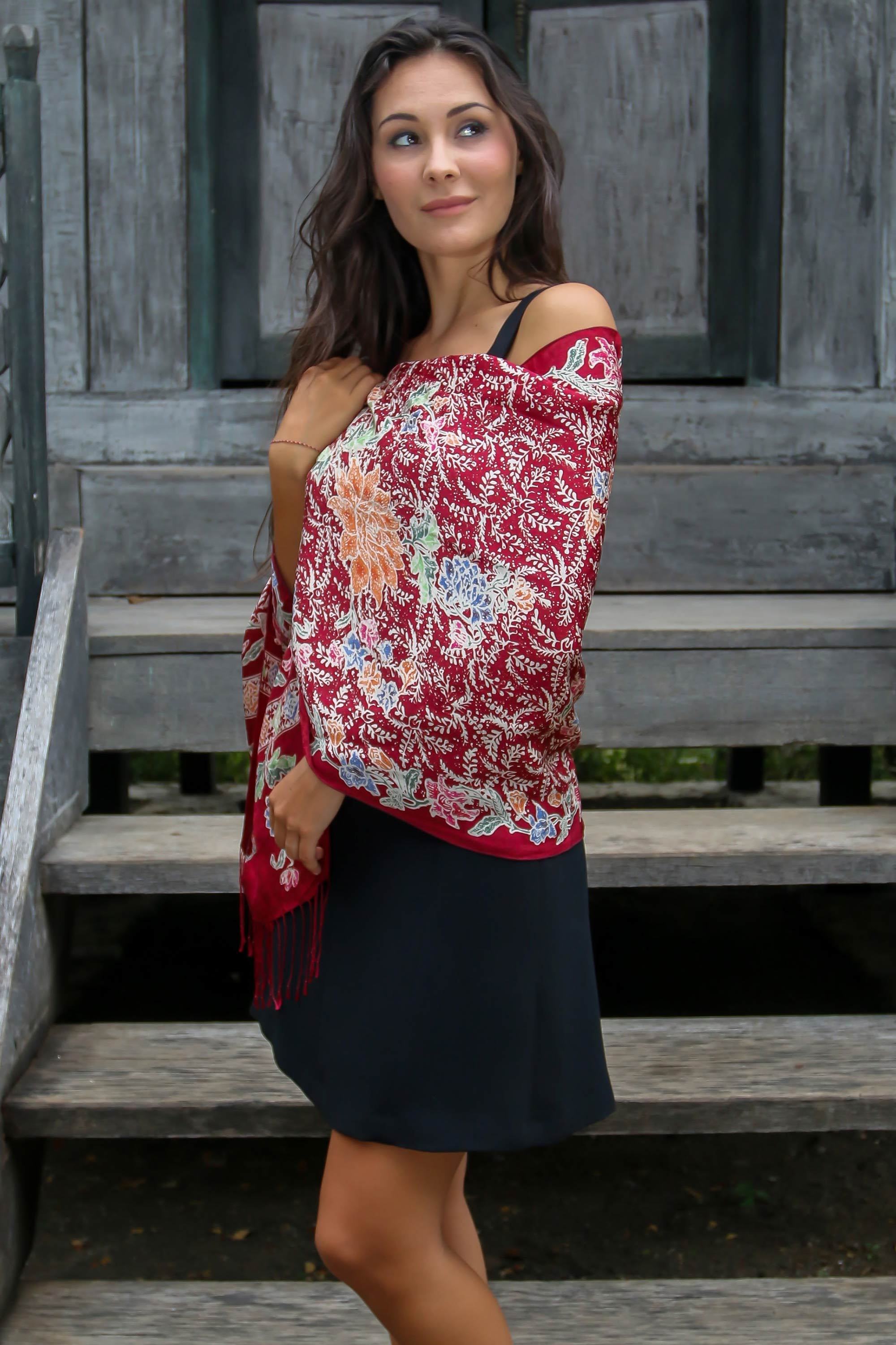 Multicolored Batik Flowers Hand Stamped on a Silk Shawl, 'Blossoming Opulence'