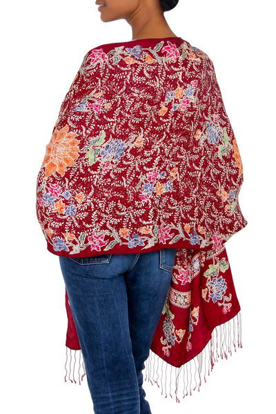 Silk batik shawl, 'Blossoming Opulence' - Multicolored Batik Flowers Hand Stamped on a Silk Shawl