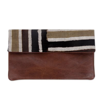 Leather accent cotton clutch handbag, 'Brown Java Tiger' - Handwoven Cotton Hand Painted Clutch with Brown Leather