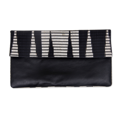 Leather and cotton clutch handbag, 'Black Desert' - Hand Painted Cotton Clutch with Black Leather