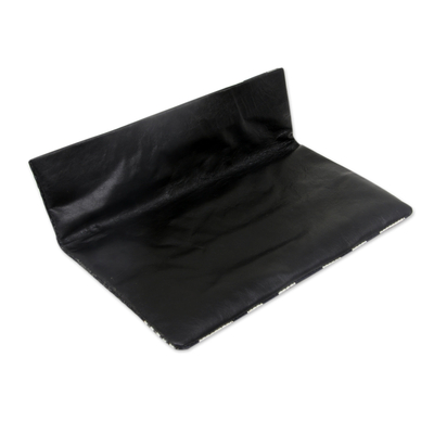 Leather and cotton clutch handbag, 'Black Desert' - Hand Painted Cotton Clutch with Black Leather