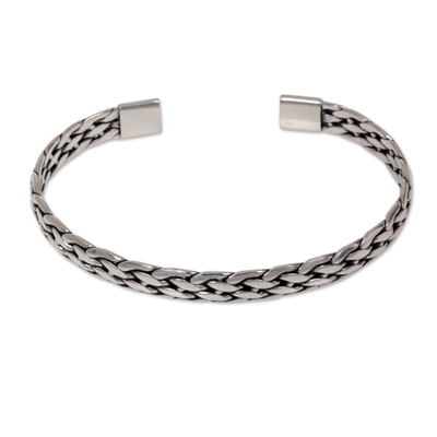 Men's sterling silver cuff bracelet, 'Nusa Penida Waves' - Men's Sterling Silver Braided Cuff Bracelet from Bali