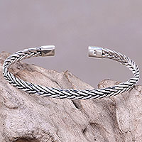 Men's sterling silver cuff bracelet, 'Go with the Flow' - Handcrafted Sterling Silver Men's Cuff Bracelet from Bali