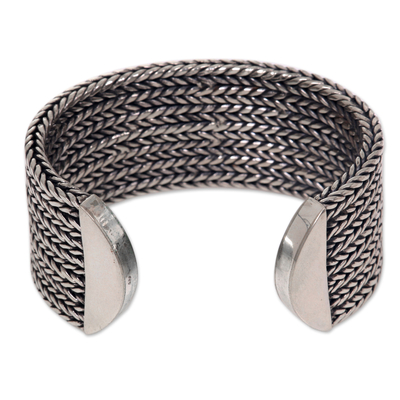 Sterling silver cuff bracelet, 'Horseshoe Braids' - Wide Textured Sterling Silver Cuff Bracelet from Bali