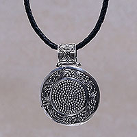 Sterling silver and leather pendant necklace, 'Circular Visions'