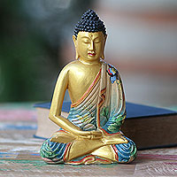 Escultura de madera, 'Buda en meditación profunda' - Escultura de Buda de madera balinesa dorada pintada a mano