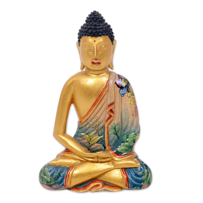Gilded Balinese Wood Buddha Sculpture Painted by Hand