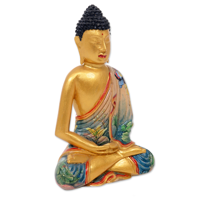Wood sculpture, 'Buddha in Deep Meditation' - Gilded Balinese Wood Buddha Sculpture Painted by Hand