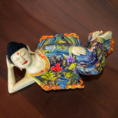 Wood sculpture, 'Sleeping Balinese Buddha' - Balinese Hand Crafted Signed Wood Sculpture of Buddha