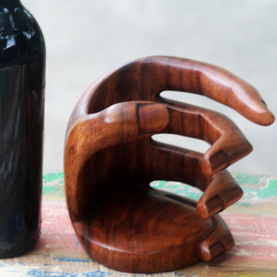 Wood wine bottle holder, 'Hold Me' - Balinese Signed Hand Carved Wood Wine Bottle Holder