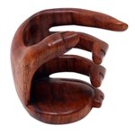 Wood wine bottle holder, 'Hold Me' - Balinese Signed Hand Carved Wood Wine Bottle Holder