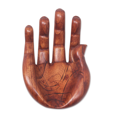 Wood hand sculpture, 'Praise and Gratitude' - Signed Handcarved Wood Hand Sculpture from Bali