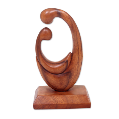Wood sculpture, 'Mother's Compassion' - Signed Hand Carved Mother and Child Wood Sculpture from Bali