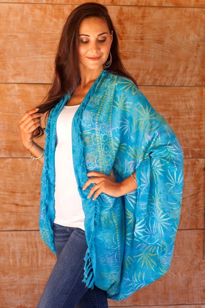 Rayon jacket, 'Denpasar Lady in Turquoise' - Versatile Turquoise Blue Batik Shawl Jacket Accessory