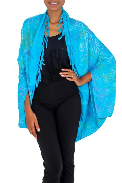 Rayon jacket, 'Denpasar Lady in Turquoise' - Versatile Turquoise Blue Batik Shawl Jacket Accessory