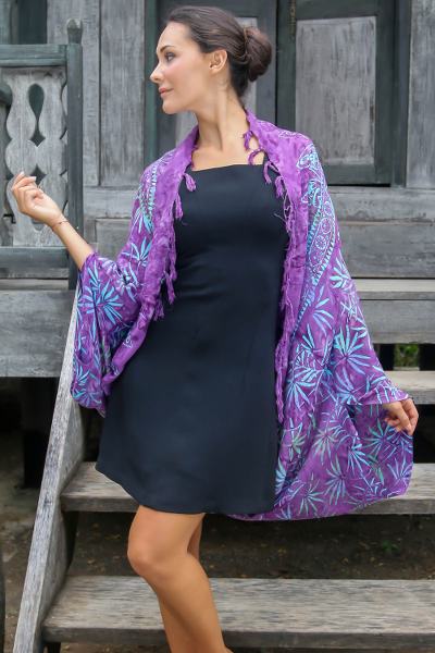 Rayon jacket, 'Denpasar Lady in Purple' - Purple Rayon Batik Shawl Jacket Versatile Accessory