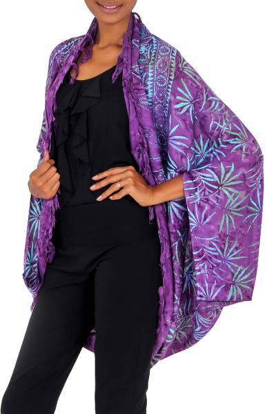 Rayon jacket, 'Denpasar Lady in Purple' - Purple Rayon Batik Shawl Jacket Versatile Accessory