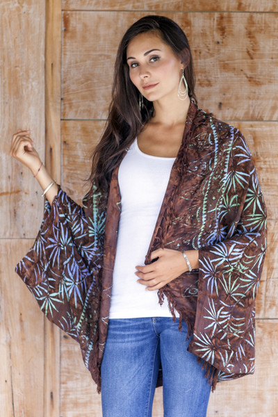 Rayon jacket, 'Denpasar Lady in Brown' - Brown Rayon Batik Open Front Jacket Handmade in Bali