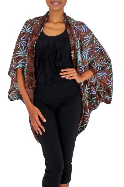 Rayon jacket, 'Denpasar Lady in Brown' - Brown Rayon Batik Open Front Jacket Handmade in Bali