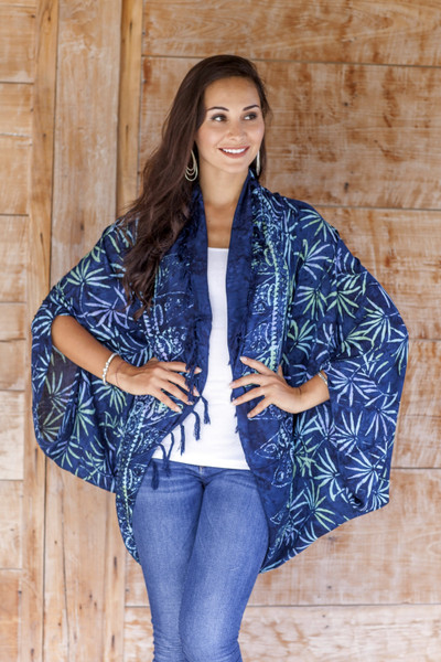 Rayon jacket, 'Denpasar Lady in Navy' - Navy Blue Print Rayon Batik Open Front Jacket for Women