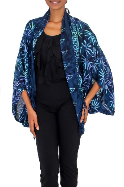 Rayon jacket, 'Denpasar Lady in Navy' - Navy Blue Print Rayon Batik Open Front Jacket for Women