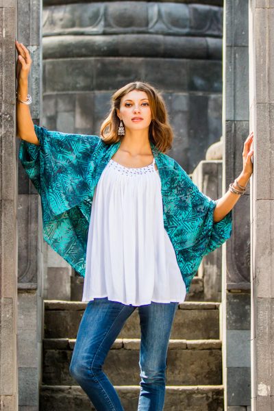 Rayon jacket, 'Ancient Glyphs' - Women's Woven Rayon Shrug Jacket with Batik Print